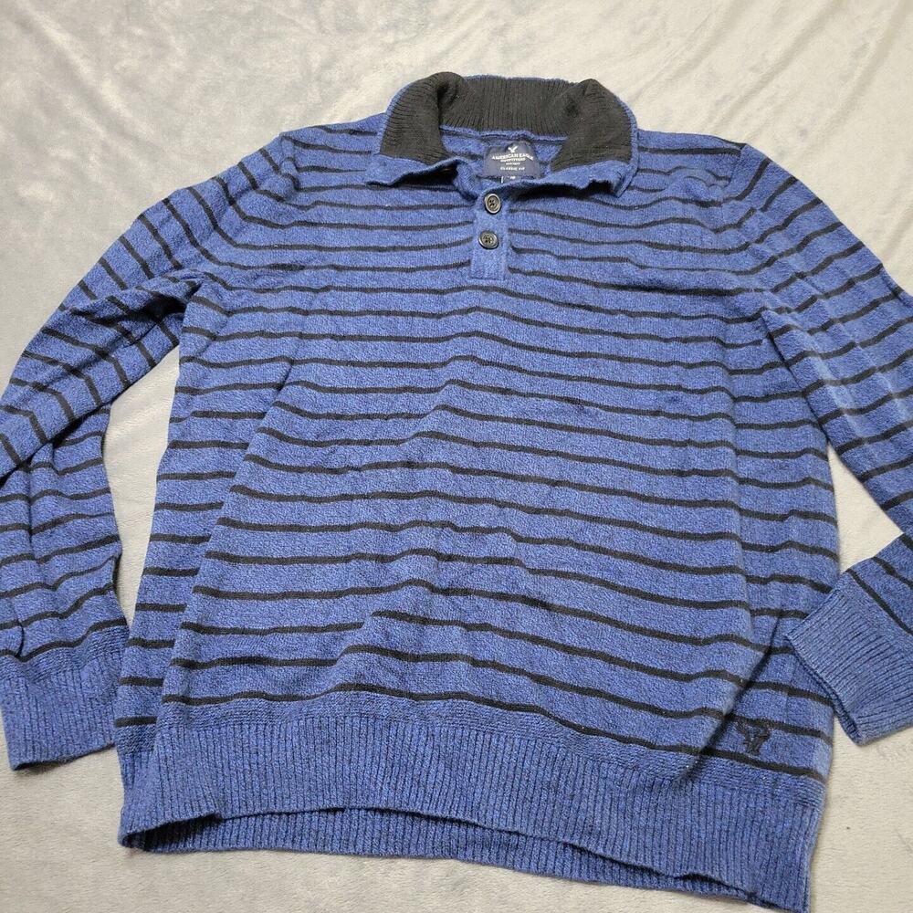American Eagle Sweater Mens Large Shirt Blue Stripe Long Sleeve Collared Cotton